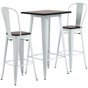 3 Piece Industrial Dining Table Set, Bar Height Bar Table and Chairs Set with Footrests for Bistro, White and Brown