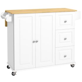 Kitchen Island with Drop Leaf, Rolling Kitchen Cart on Wheels with 3 Drawers, Cabinet, Natural Wood Top, Spice Rack and Towel Rack, White