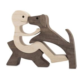 DIY Figurine Wood Dog Ornament Sculpture Home Decoration A Man A Dog Wood Sculpture Christmas Gifts Model Decor (Option: R)